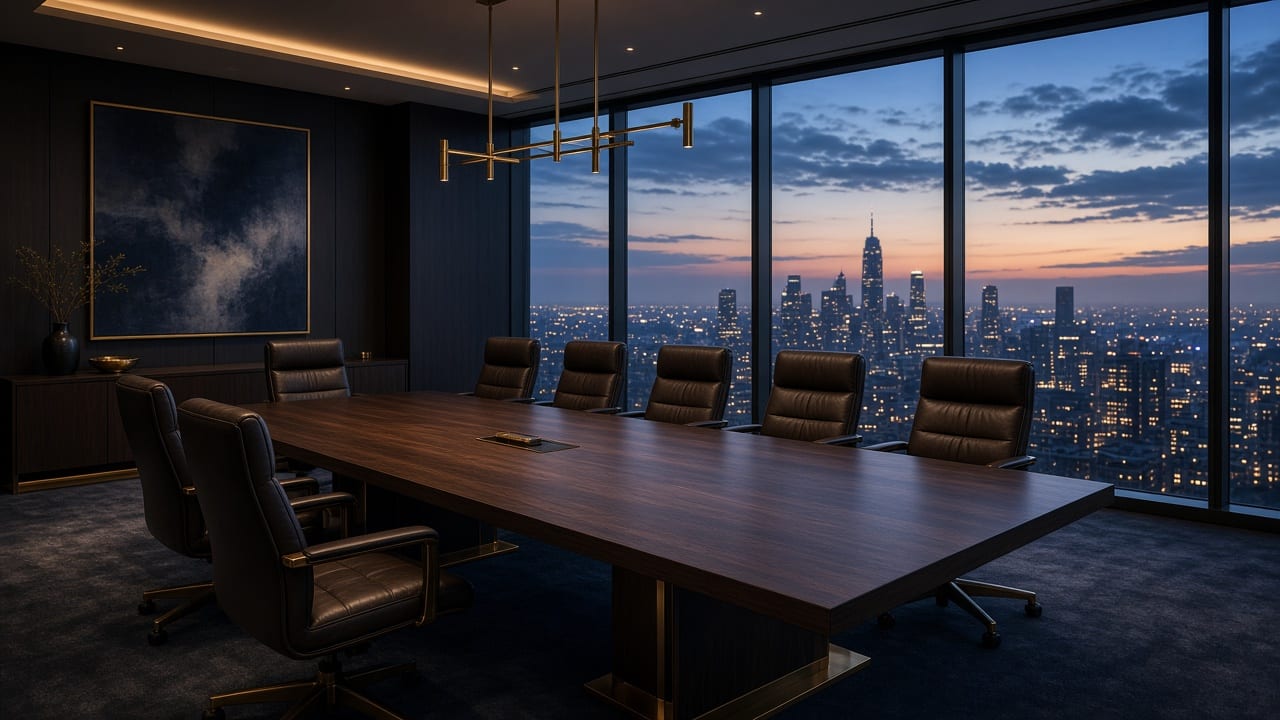 Empty executive boardroom with a long table facing the windows