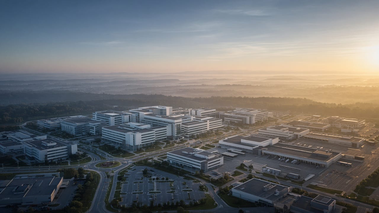 Aerial view of a hospital and logistics campus at dawn