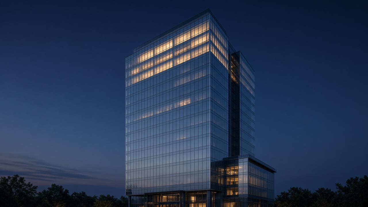 Glass headquarters tower at blue hour, viewed from the plaza